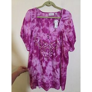 Avenue Women's Size 22/24 Pink Rayon Tie-Dyed Embroidered Short-Sleeve blouse.